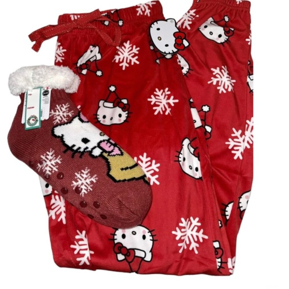 NWT 2023 Hello Kitty Christmas Red With Snowflakes Pajama Pants & Socks‎ BUNDLE